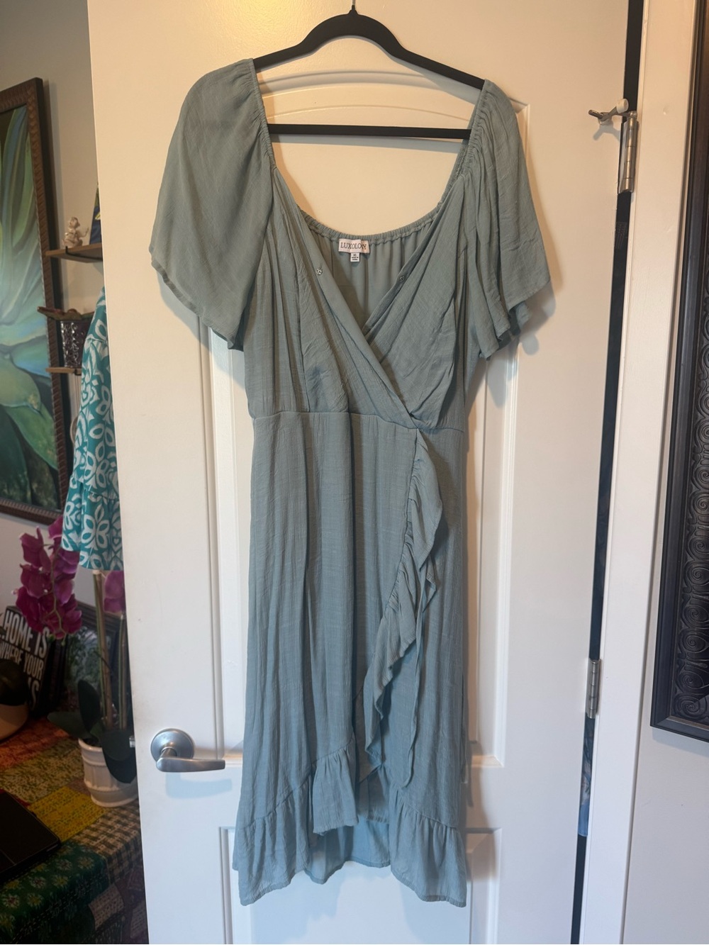 Luxology Sage Green Wrap Midi Dress with Ruffle Trim